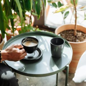 Cozy indoor setting with a coffee cup on a table amidst green plants.
